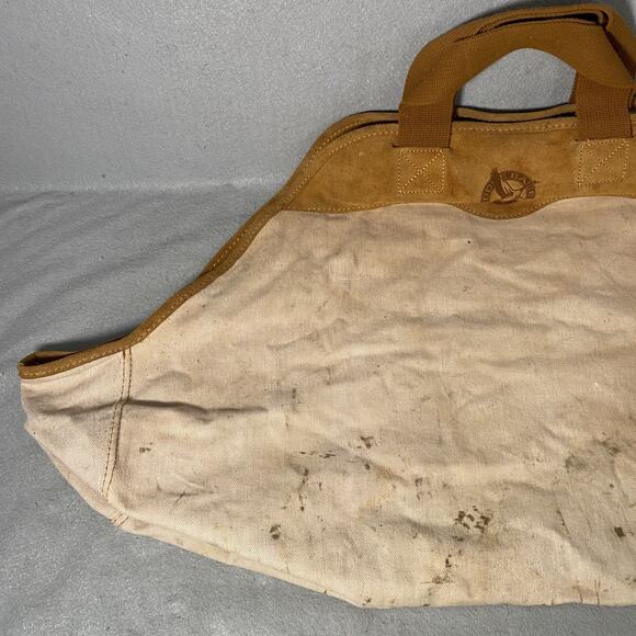 Eddie Bauer Canvas Suede Log Firewood Wood Tote Carrier Wrap Bag Vintage - Picture 2 of 9